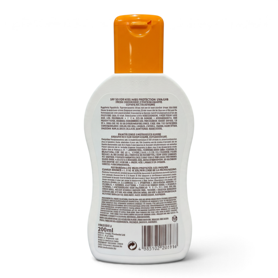 Back view of Lumina Pharmacy Malibu Kids Sunscreen SPF50 100ml bottle with detailed product information and barcode
