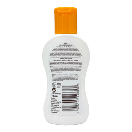 Back view of Lumina Pharmacy Malibu SPF50 sunscreen lotion 100ml bottle with orange cap and product information label