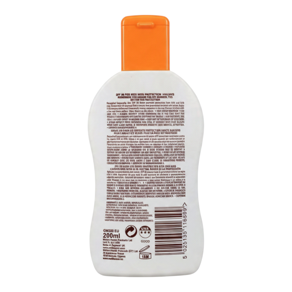 Back view of Lumina Pharmacy Malibu Kids Sunscreen SPF50 200ml bottle showing product information and ingredients