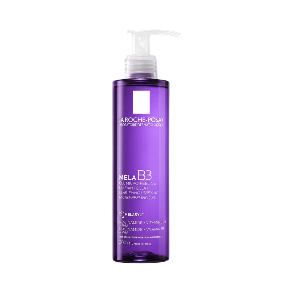 Lumina Pharmacy La Roche-Posay Mela B3 micro-peeling clarifying gel cleanser in a 200ml purple pump bottle.