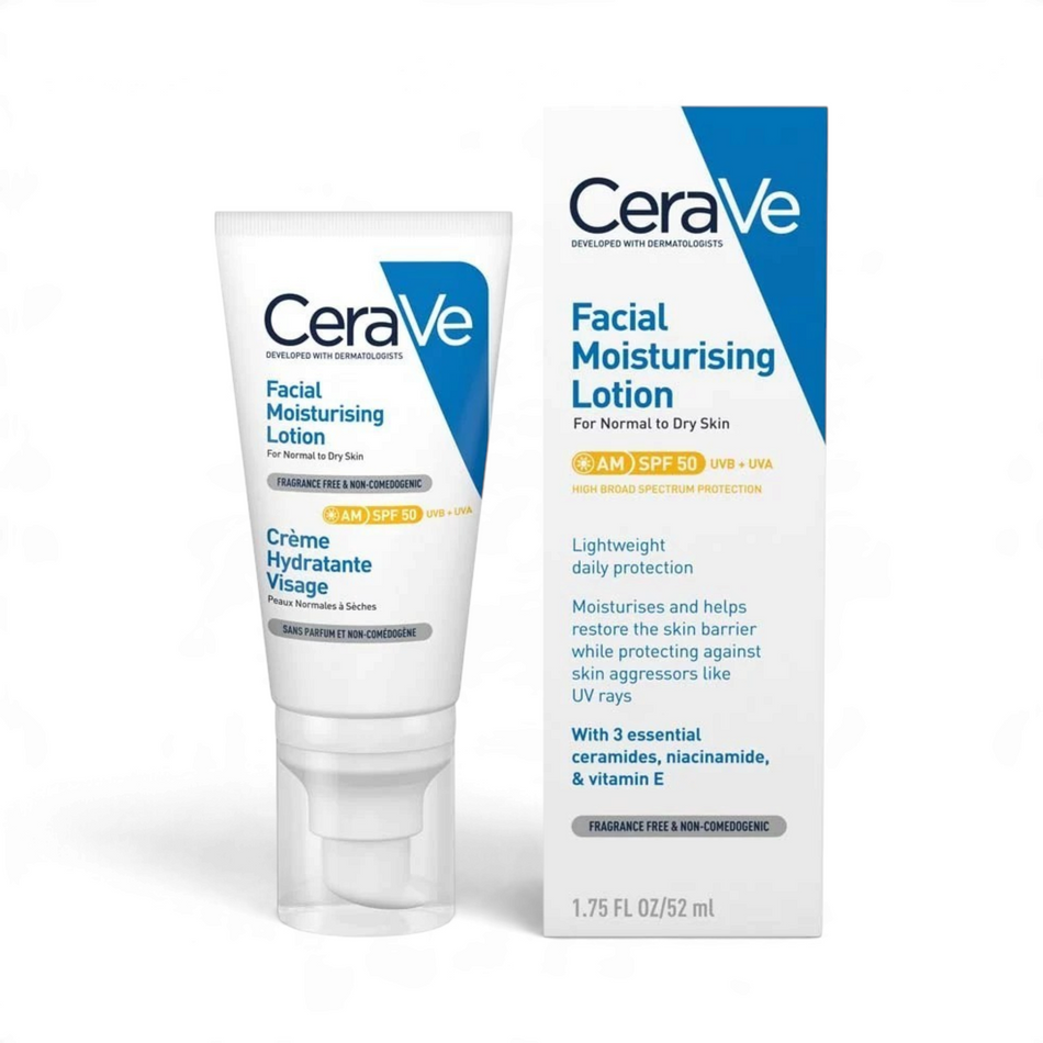 Lumina Pharmacy CeraVe AM Facial Moisturizing Lotion SPF50 in a white tube and blue box for normal to dry skin.