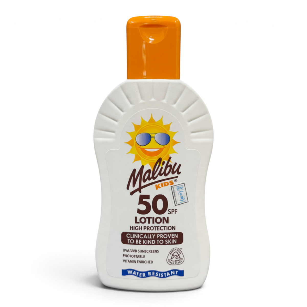 Lumina Pharmacy Malibu Kids SPF50 sunscreen lotion bottle with orange cap and sun logo for high UV protection