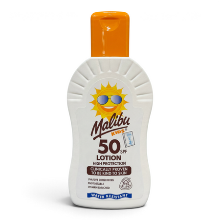 Lumina Pharmacy Malibu Kids SPF50 sunscreen lotion bottle with orange cap and sun logo for high UV protection