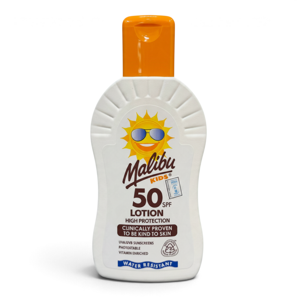 Lumina Pharmacy Malibu Kids SPF50 sunscreen lotion bottle with orange cap and sun logo for high UV protection