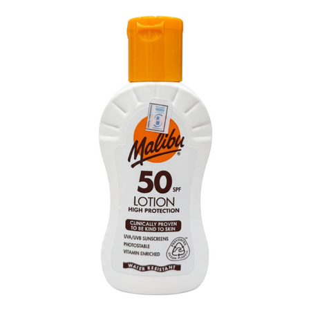 Lumina Pharmacy Malibu SPF50 sunscreen lotion in a 100ml white bottle with an orange flip-top cap