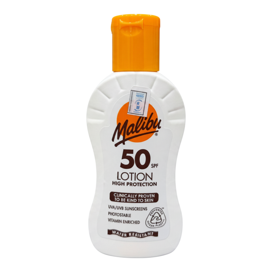 Lumina Pharmacy Malibu SPF50 sunscreen lotion in a 100ml white bottle with an orange flip-top cap
