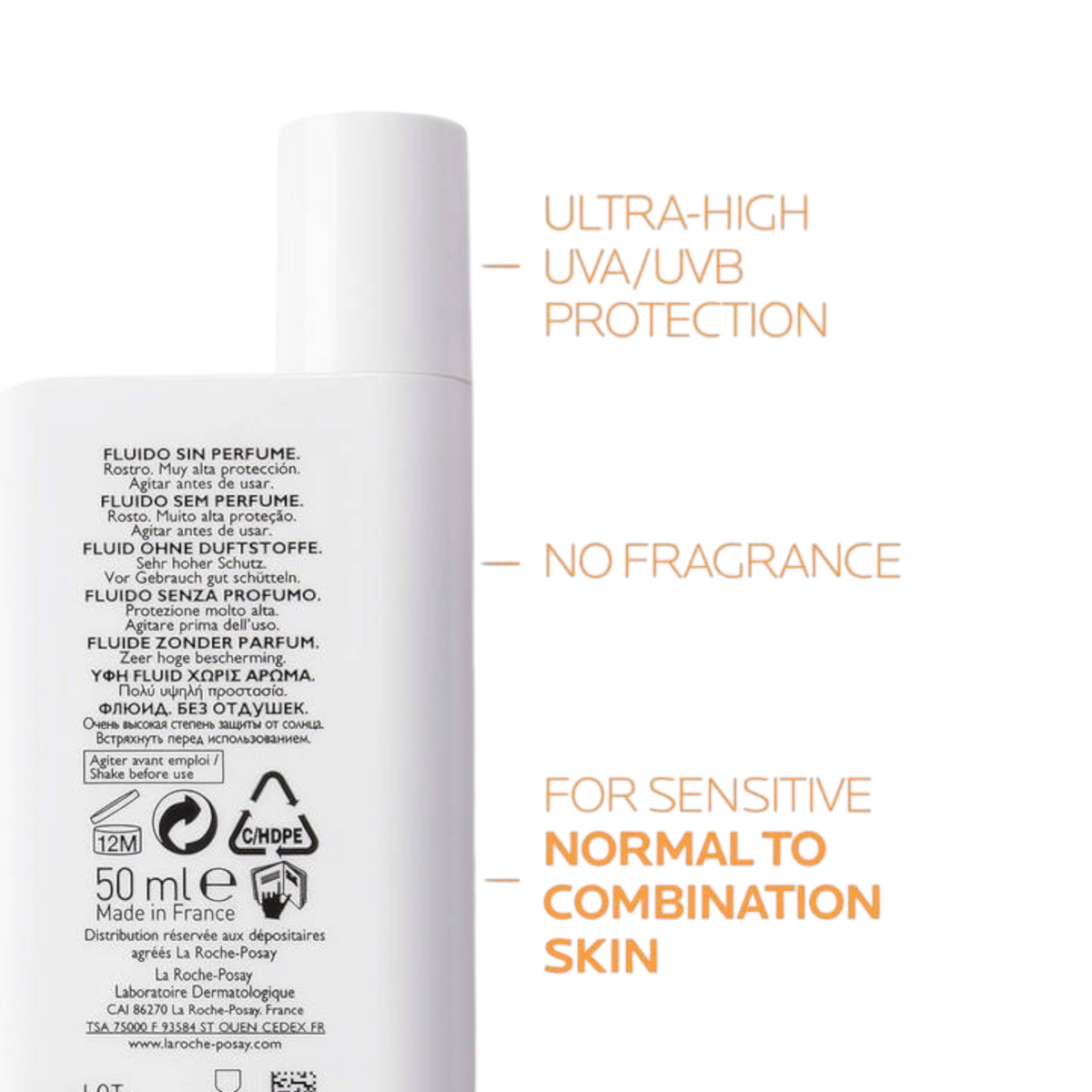 Lumina Pharmacy La Roche-Posay Anthelios sunscreen bottle back label highlighting UVA UVB protection and skin type