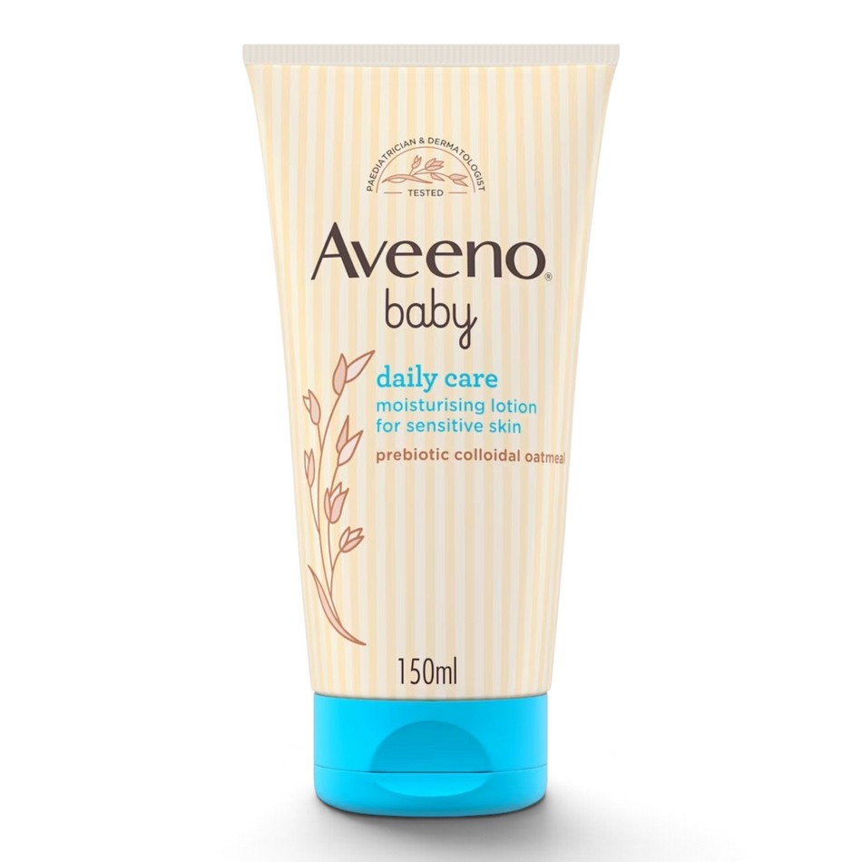 Lumina Pharmacy Aveeno Baby Daily Care sensitive skin lotion in a 150ml tube with oat extract and blue flip-top cap.