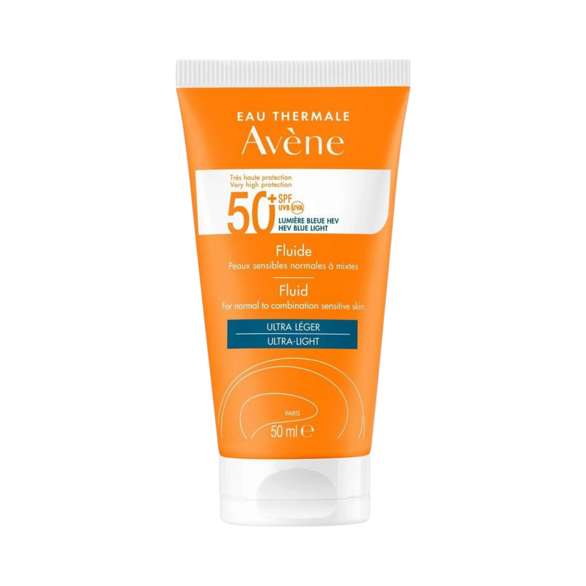 Lumina Pharmacy Avène Fluid SPF50+ 50ml facial sunscreen in an orange tube for normal to sensitive skin