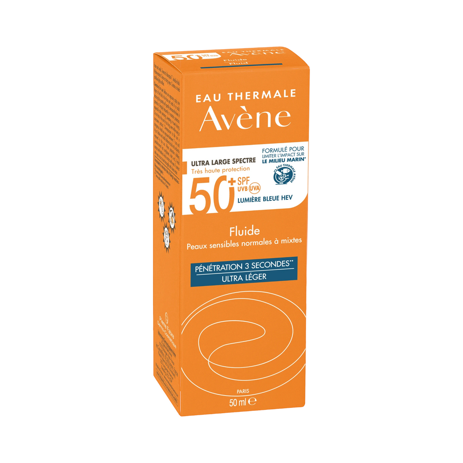 Lumina Pharmacy Avène Fluid SPF50+ facial sunscreen in orange packaging for normal to combination sensitive skin.