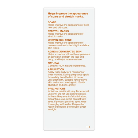 Lumina Pharmacy Bio-Oil skincare benefits and usage instructions printed on a white product information card