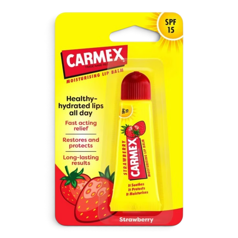 Lumina Pharmacy Carmex Strawberry Lip Balm SPF15 in a yellow squeeze tube on blister card packaging