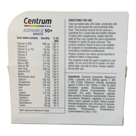 Lumina Pharmacy Centrum Advance 50+ multivitamin supplement box showing nutritional information and ingredients list