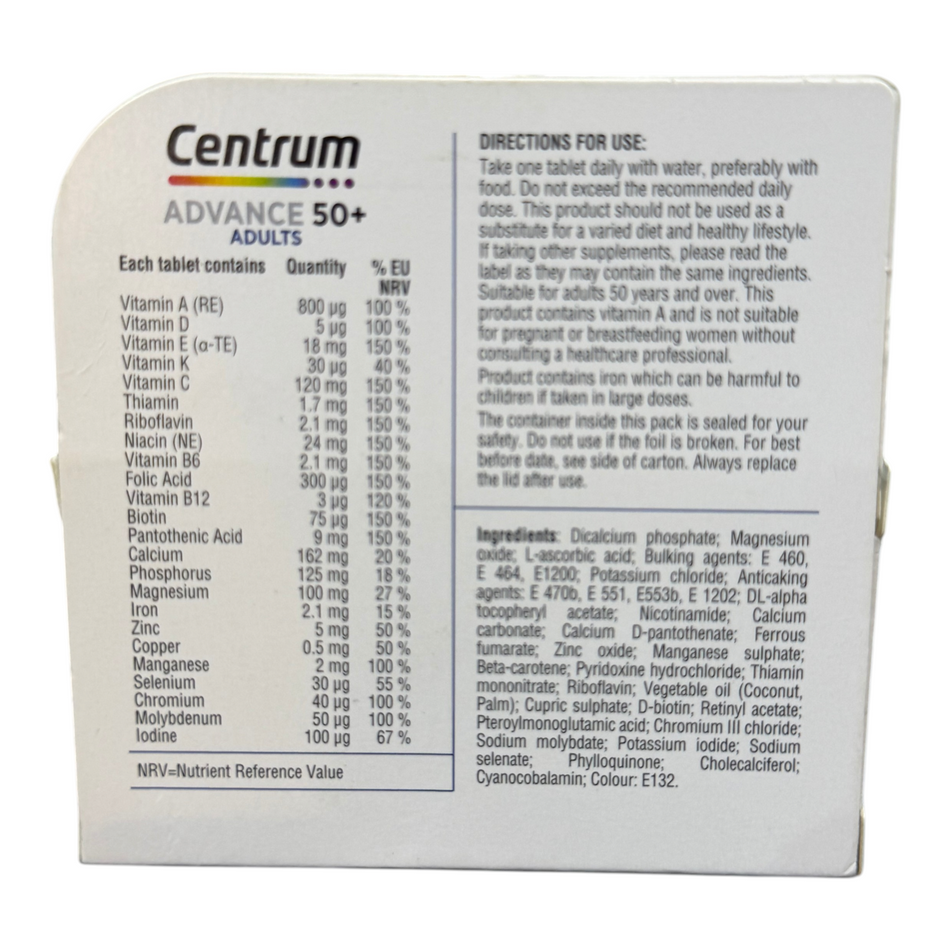 Lumina Pharmacy Centrum Advance 50+ multivitamin supplement box showing nutritional information and ingredients list