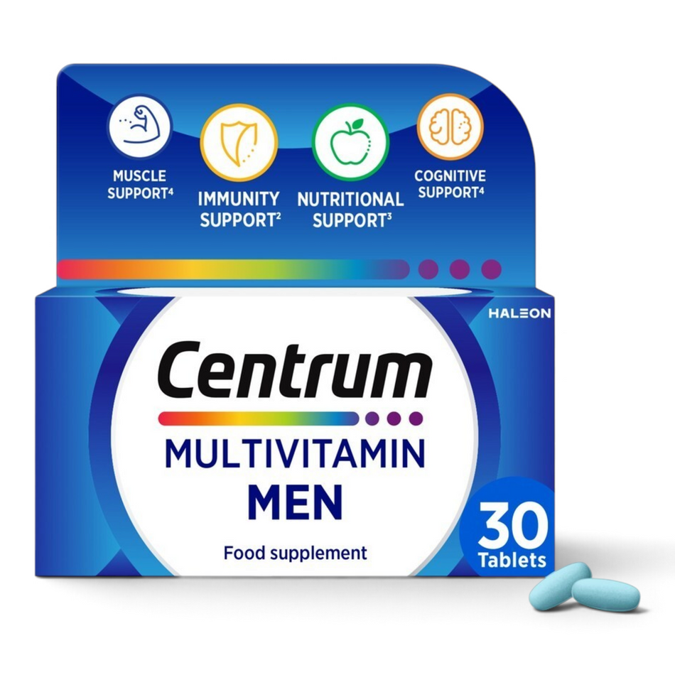 Lumina Pharmacy Centrum Men multivitamin tablets box with 30 daily supplements for energy and immune support