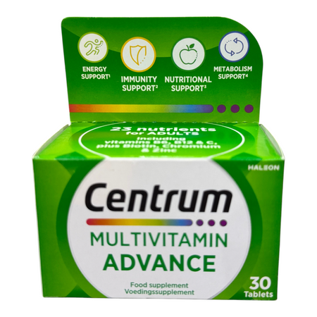 Lumina Pharmacy Centrum Multivitamin Advance 30 tablets box with energy, immunity, and nutritional support icons