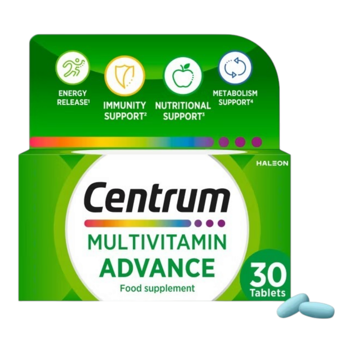 Lumina Pharmacy Centrum Multivitamin Advance 30 tablets box with health benefit icons and two blue pills