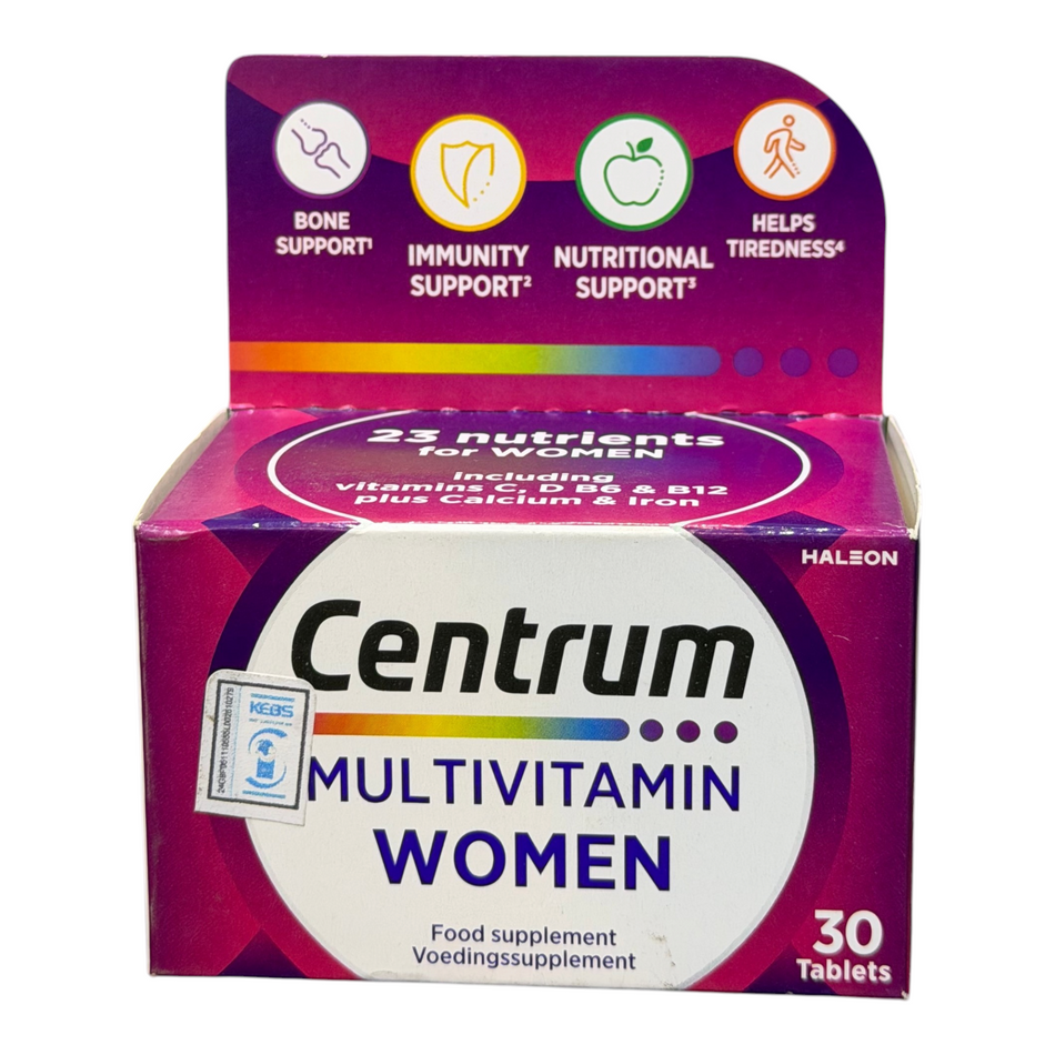 Lumina Pharmacy Centrum Multivitamin Women tablets box with 30 count, featuring bone, immunity, and energy support.