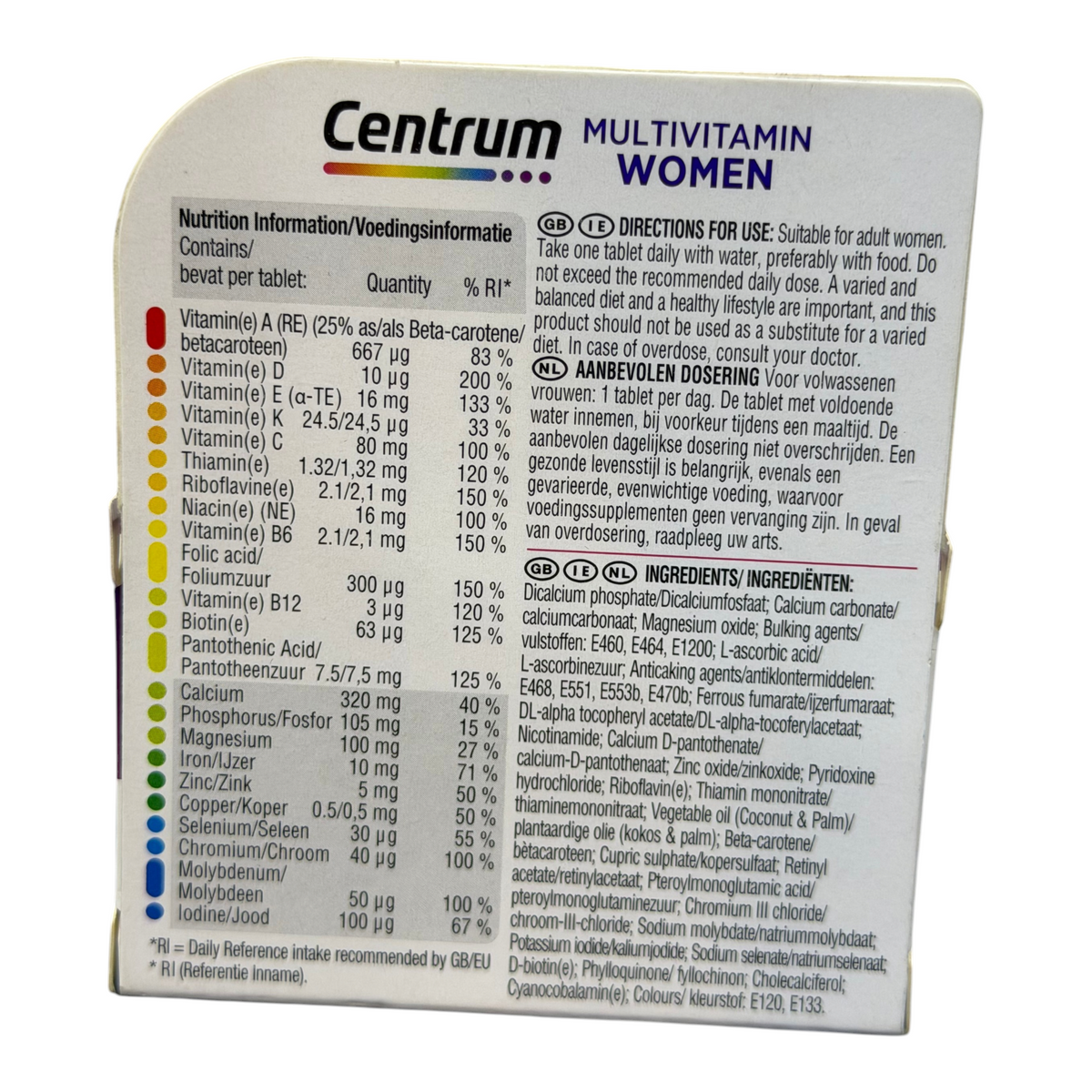 Lumina Pharmacy Centrum Multivitamin Women tablet packaging back label with nutritional information and ingredients