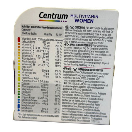 Lumina Pharmacy Centrum Multivitamin Women tablet packaging back label with nutritional information and ingredients
