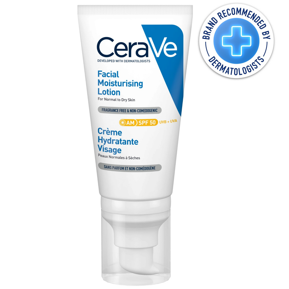 Lumina Pharmacy CeraVe AM Facial Moisturizing Lotion SPF50 in a white pump bottle for normal to dry skin.