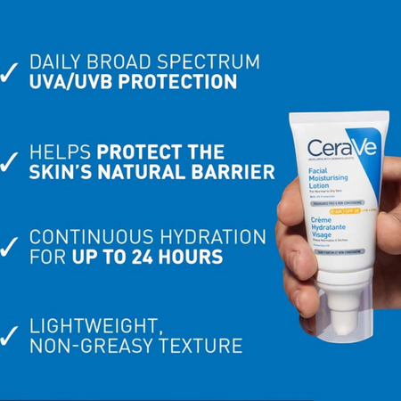 Lumina Pharmacy CeraVe AM SPF 30 facial moisturizing lotion tube held in hand against a blue informational background