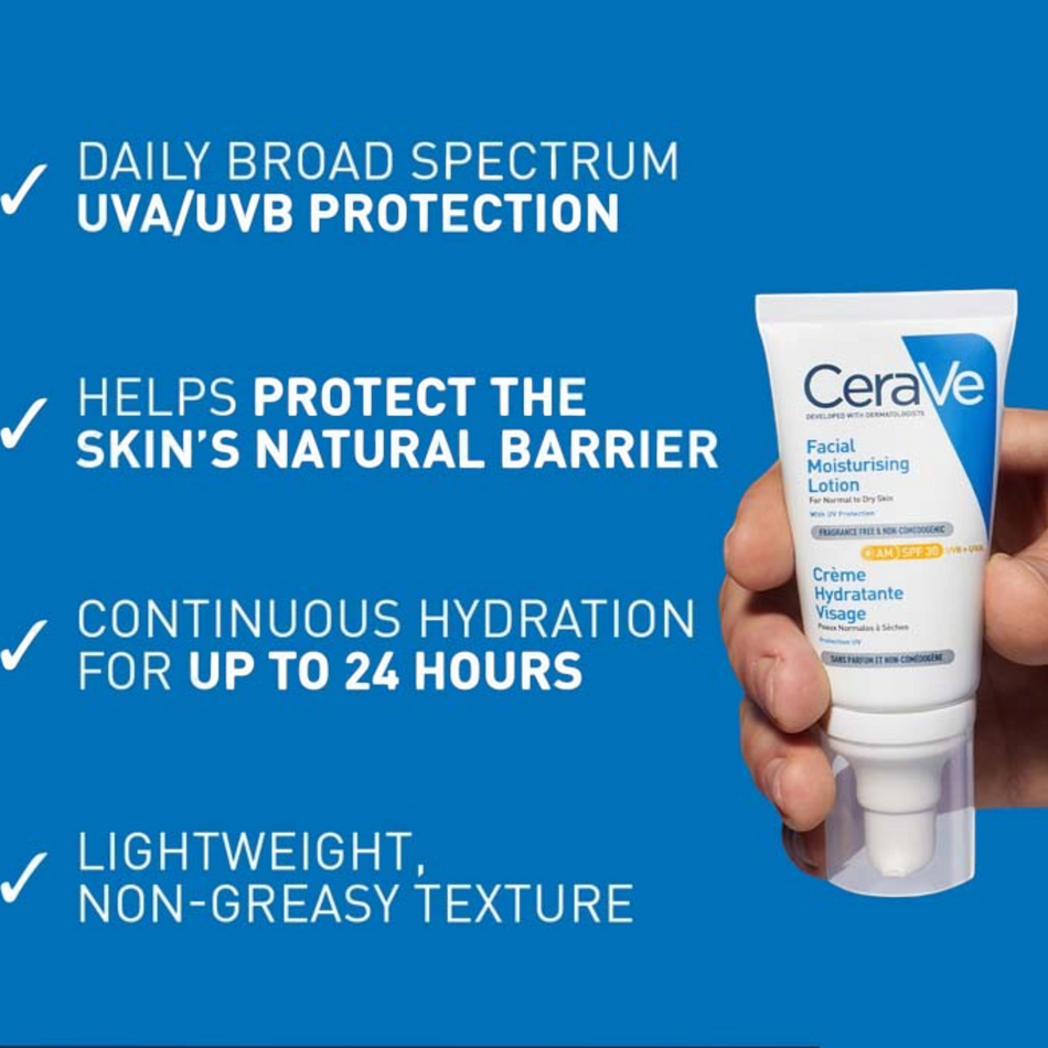 Lumina Pharmacy CeraVe AM SPF 30 facial moisturizing lotion tube held in hand against a blue informational background