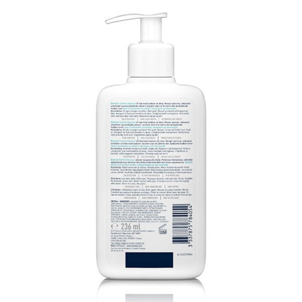 Back view of Lumina Pharmacy CeraVe Blemish Control Cleanser 236ml bottle showing ingredients and usage instructions.