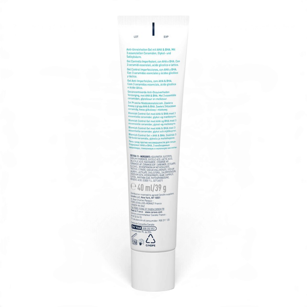 Lumina Pharmacy CeraVe Blemish Control Gel 40ml tube back view showing ingredients and product information