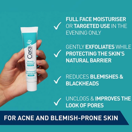 Lumina Pharmacy CeraVe Blemish Control Gel tube with key skincare benefits listed for acne-prone skin