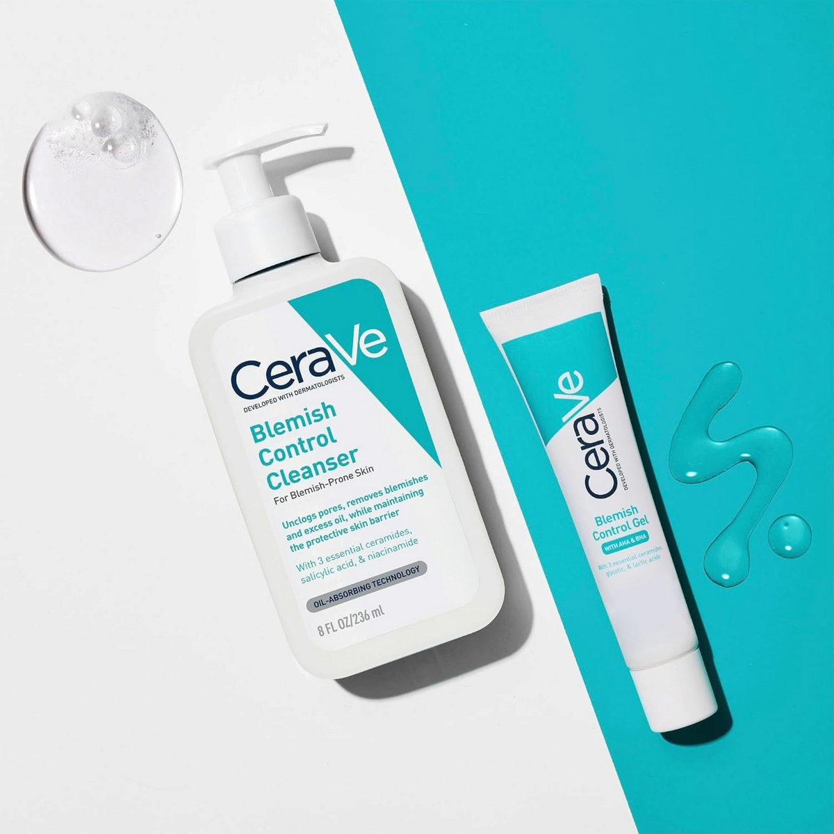 Lumina Pharmacy CeraVe Blemish Control cleanser and gel set for blemish-prone skin on a blue and white background