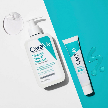 Lumina Pharmacy CeraVe Blemish Control cleanser and gel set for blemish-prone skin on a blue and white background