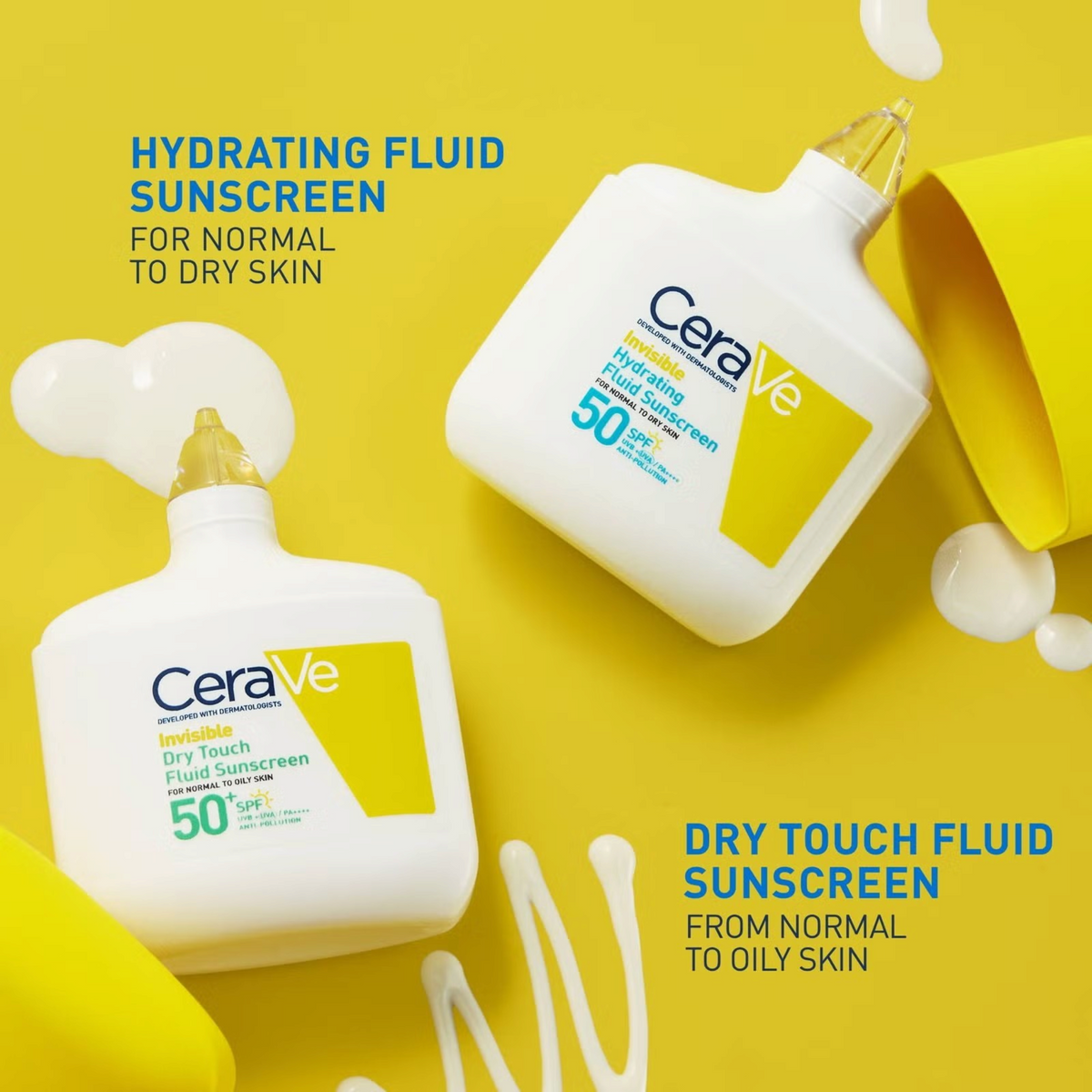 Lumina Pharmacy CeraVe Invisible Hydrating and Dry Touch fluid sunscreens with SPF50 on a bright yellow background.
