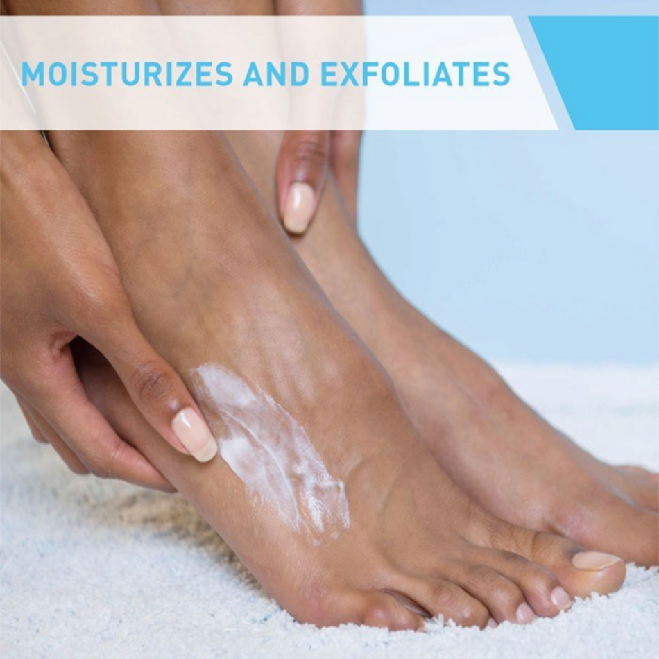 Lumina Pharmacy CeraVe SA Renewing Foot Cream being applied to smooth and exfoliate dry skin on a person's foot