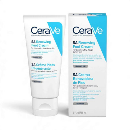 Lumina Pharmacy CeraVe SA Renewing Foot Cream tube for exfoliating and smoothing rough, dry, and cracked skin.