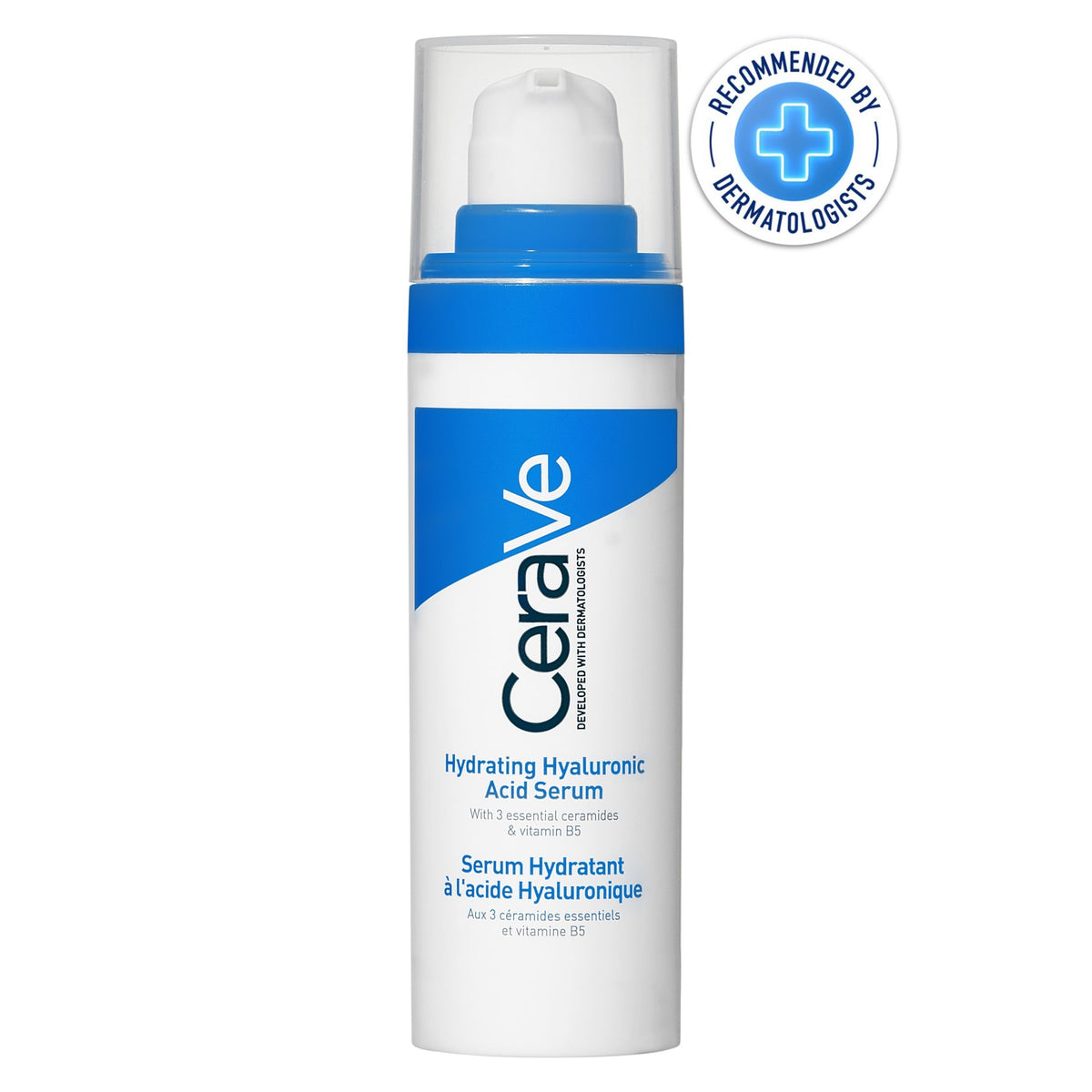 Lumina Pharmacy CeraVe Hydrating Hyaluronic Acid Serum in a white and blue pump bottle with dermatologist seal