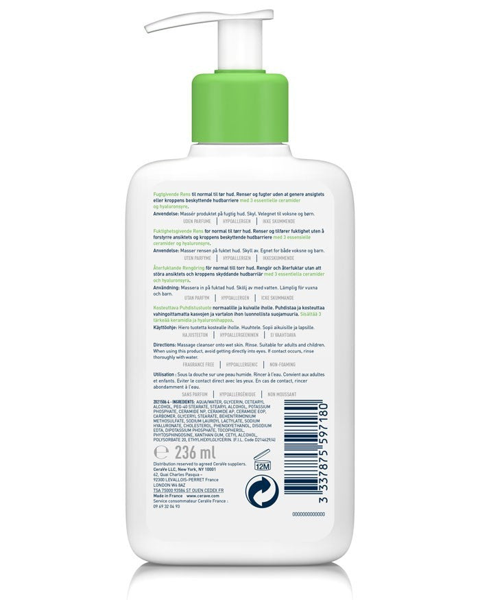 Back view of Lumina Pharmacy CeraVe Hydrating Cleanser 236ml bottle showing product information and ingredients list.