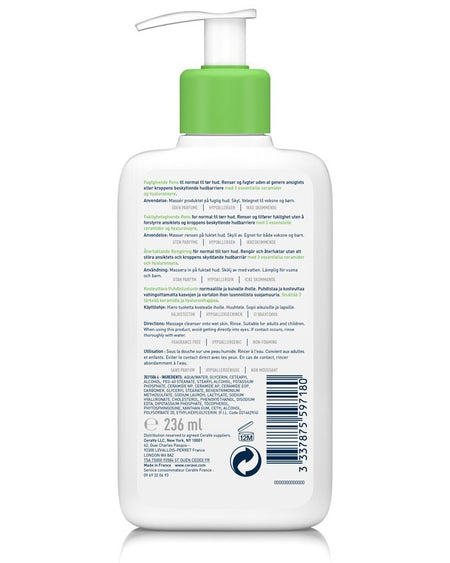 Back view of Lumina Pharmacy CeraVe Hydrating Cleanser 236ml bottle showing product information and ingredients list.