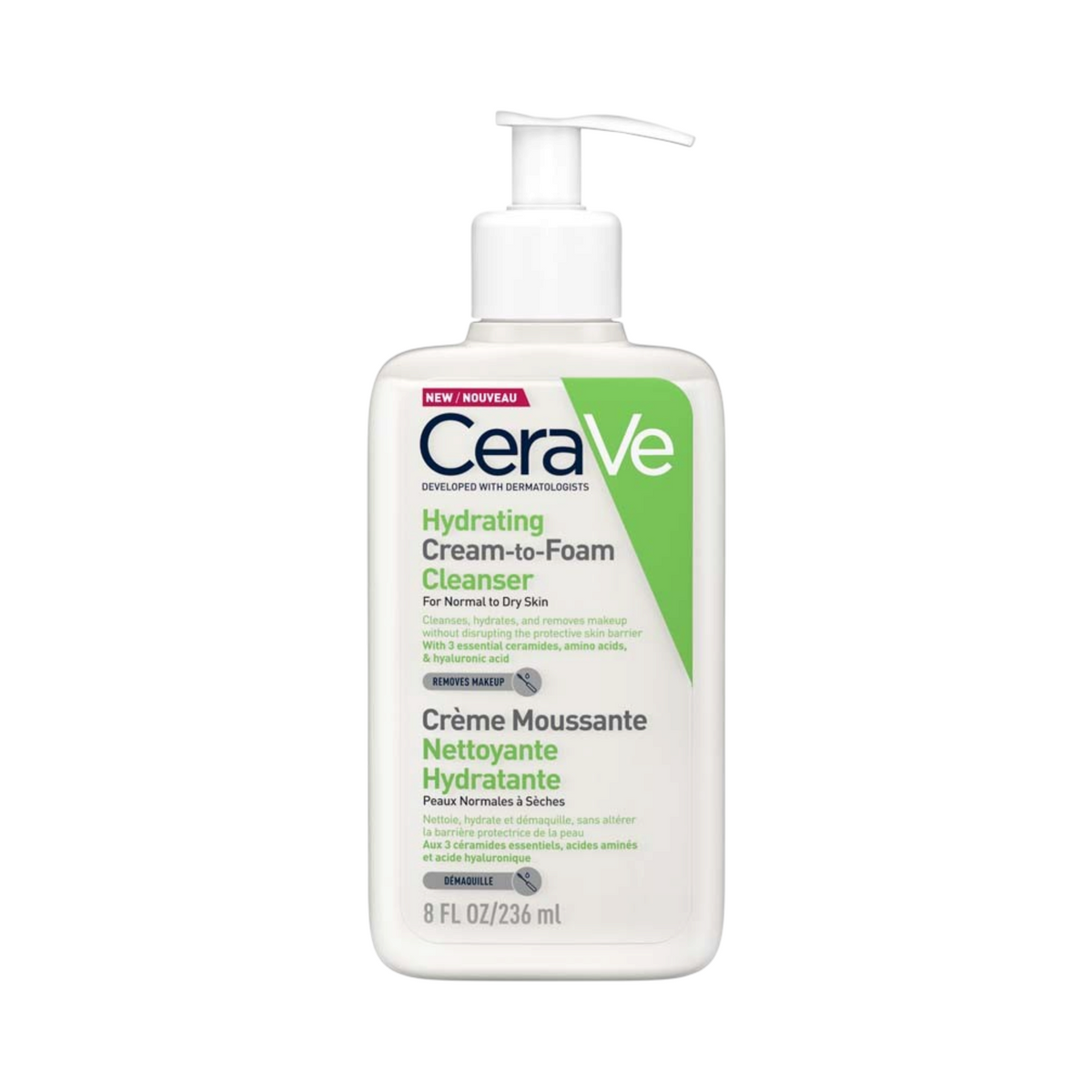 Lumina Pharmacy CeraVe Hydrating Cream-to-Foam Cleanser 236ml bottle with pump dispenser for normal to dry skin.