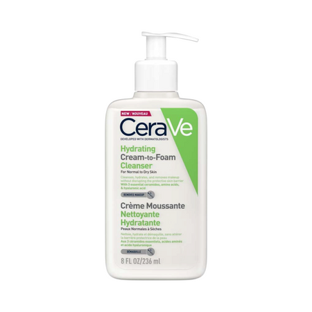 Lumina Pharmacy CeraVe Hydrating Cream-to-Foam Cleanser 236ml bottle with pump dispenser for normal to dry skin.
