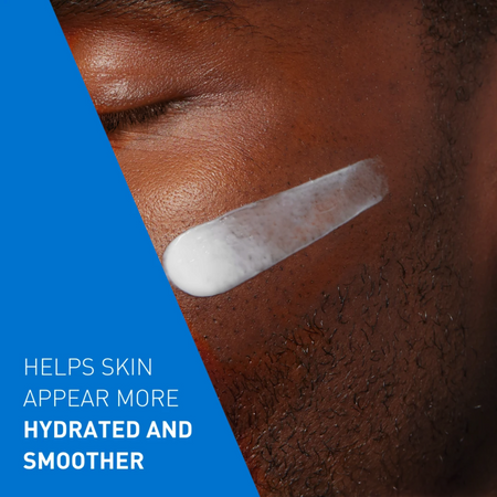 Lumina Pharmacy CeraVe hydrating serum applied as a white cream streak on a man's cheek for smoother skin