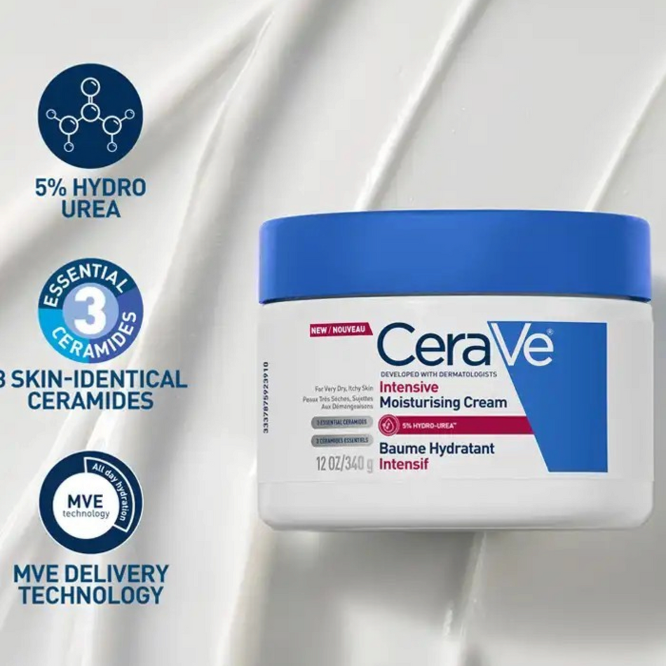 Lumina Pharmacy CeraVe Intensive Moisturising Cream jar with 5% Hydro-Urea and ceramides on a white cream background.