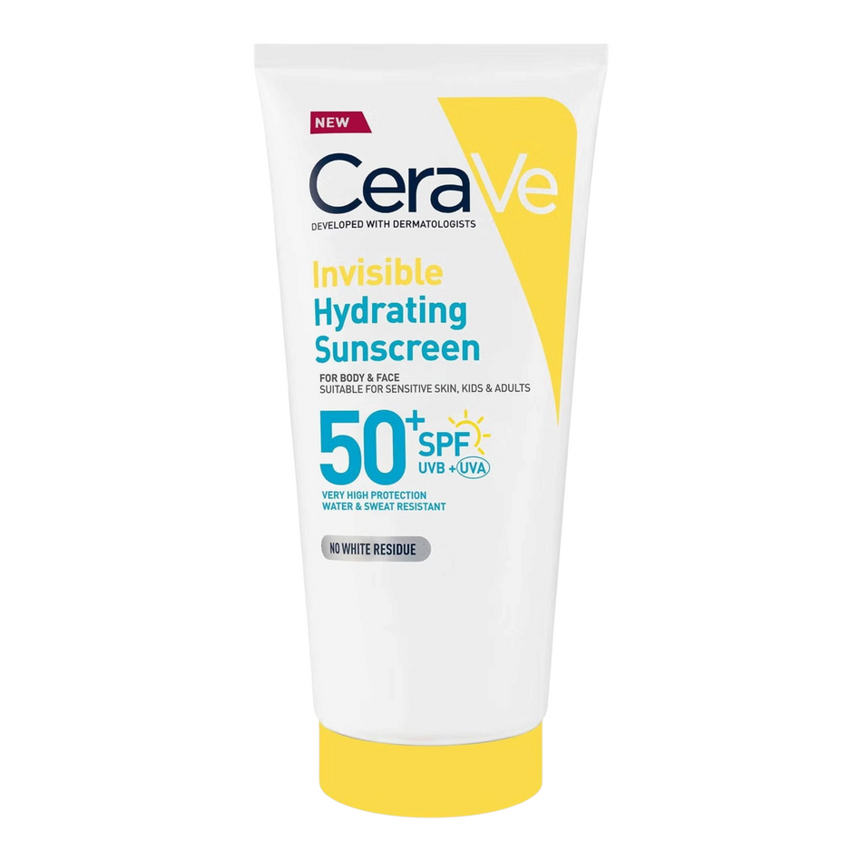 Lumina Pharmacy CeraVe Invisible Hydrating Sunscreen SPF50+ in a white tube with yellow accents for face and body.