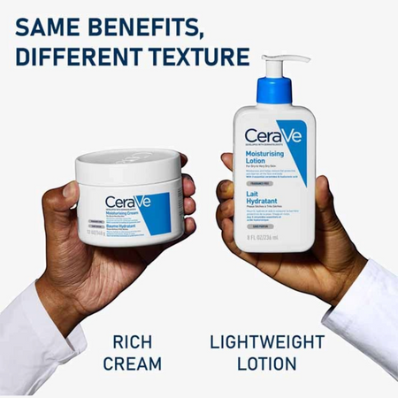 Lumina Pharmacy comparison of CeraVe Moisturising Cream jar and Daily Moisturising Lotion pump bottle for skin care