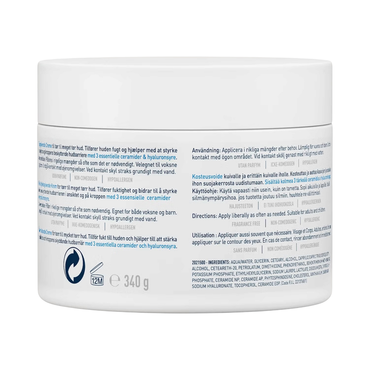 Lumina Pharmacy CeraVe Moisturizing Cream 340g jar back label with ingredients and usage instructions for dry skin