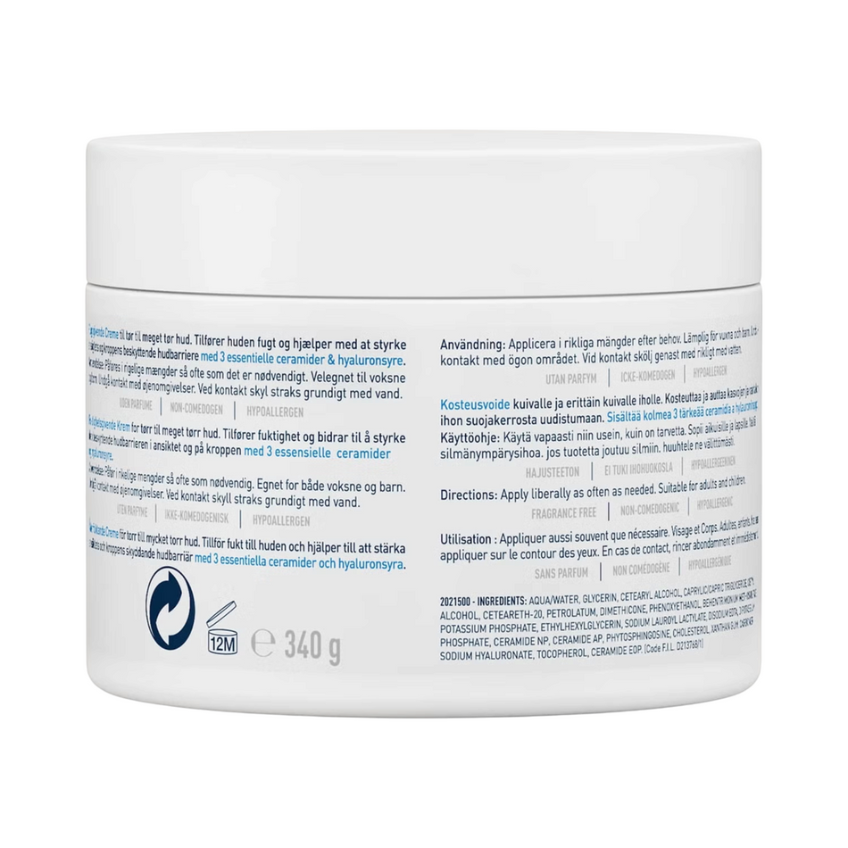 Lumina Pharmacy CeraVe Moisturizing Cream 340g jar back label with ingredients and usage instructions for dry skin
