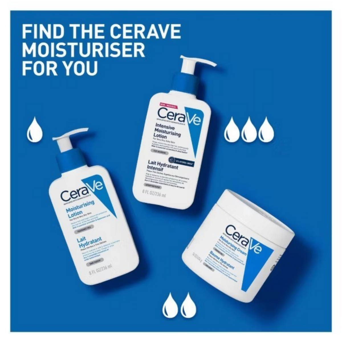 Lumina Pharmacy selection of CeraVe Intensive Moisturizing Lotion and Moisturizing Cream bottles on a blue background.