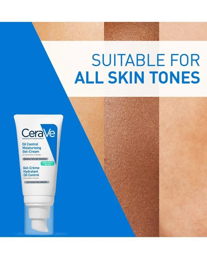 Lumina Pharmacy CeraVe Oil Control Moisturizing Gel Cream tube shown next to a swatch suitable for all skin tones.