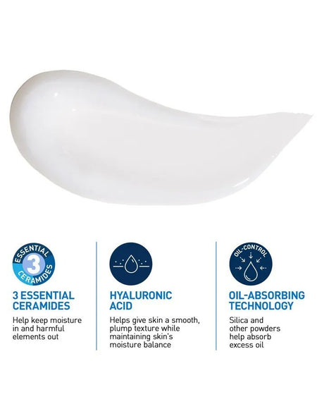 Lumina Pharmacy CeraVe oil control gel cream texture swatch with icons for ceramides, hyaluronic acid, and oil control