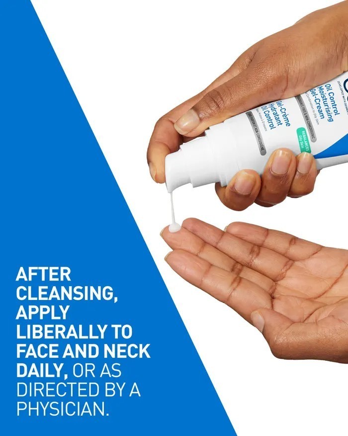 Lumina Pharmacy CeraVe Oil Control Moisturizing Gel Cream being dispensed from a pump bottle onto a hand